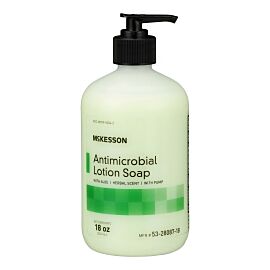 McKesson Antimicrobial Lotion Soap, Herbal Scent, 18 oz, Pump Bottle, Green, 0.95% Strength