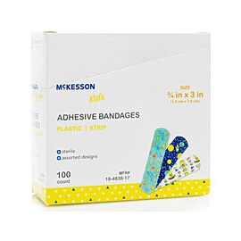 McKesson Kids Adhesive Bandage Strips - Sterile Plastic, Neon Colors